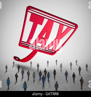 High tax challenge and business taxes concept as a fly swatter with text challenging a group of people as a financial accounting symbol for taxation law issues and debt danger with 3D illustration elements. Stock Photo