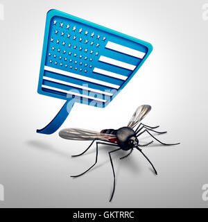 Zika in the United States concept as a mosquito being swatted by a fly swatter as a dangerous virus medical health crisis and public health concern or pest control with 3D illustration elements. Stock Photo