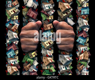 House prison concept as a prisoner behind bars made of home and real estate residence icons as a mortgage debt or financial loan burden symbol with 3D illustration elements. Stock Photo