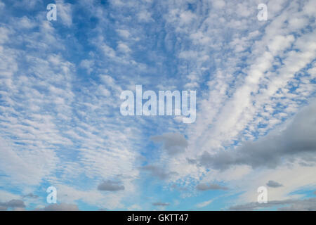 Variety of white and gray clouds streak across a blue sky Stock Photo