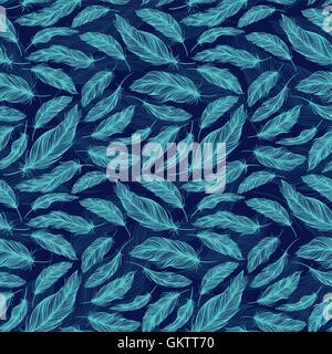 Seamless boho style texture with tribal turquoise feathers on indigo blue background Stock Vector