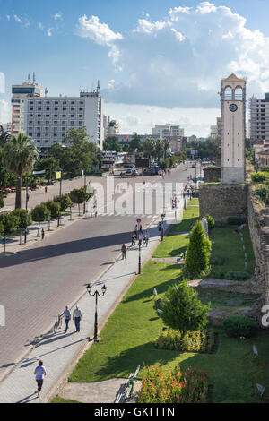 Looking down on the Boulevard Qemal Stafa and the clock tower in the centre of Elbasan,  Central Albania, Stock Photo