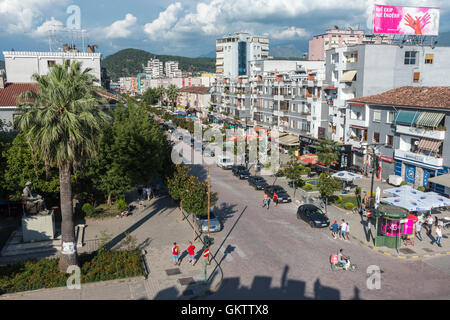 Looking down on the Boulevard Qemal Stafa in the centre of Elbasan,  Central Albania, Stock Photo