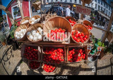 Ingredients found in a farmers' market are displayed, in a life-size jar, at a promotional event for Prego Farmers' Market farm-in-a-jar sauces in Chelsea in New York on Wednesday, August 17, 2016. Prego is a brand of the Campbell Soup Co. (© Richard B. Levine) Stock Photo