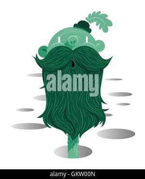 A cartoon character of a green man with a long beard and hat, pops his head out of one of many holes over a white background. Stock Vector