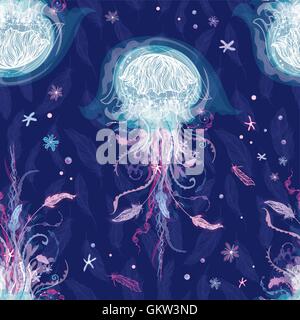 Seamless ocean boho style pattern with ornamental medusa with tribal elements - feathers and flowers on blue background Stock Vector