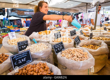 Mallorca almonds on sale at the market in Alcudia old town Majorca / Mallorca Stock Photo