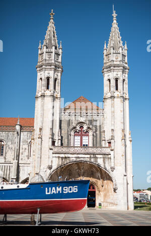 LISBON, Portugal — The main entrance of the Museu de Marinha (Maritime Museum). The entrance is through the original 15th century chapel. The Museu de Marinha (Maritime Museum of Navy Museum) focuses on Portuguese maritime history. It features exhibits on Portugal's Age of Discovery, the Portuguese Navy, commercial and recreational shipping, and, in a large annex, barges and seaplanes. Located in the Belem neighborhood of Lisbon, it occupies, in part, one wing of the Jerónimos Monastery. Its entrance is through a chapel that Henry the Navigator had built as the place where departing voyagers t Stock Photo