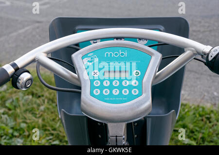 Control panel on a mobi bike share bicycle, Vancouver, British Columbia, Canada Stock Photo