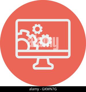 Computer and gear thin line icon Stock Vector