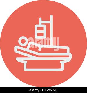 Sick man resting in bed with IV saline solution thin line icon Stock Vector