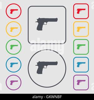 gun icon sign. symbol on the Round and square buttons with frame. Vector Stock Vector