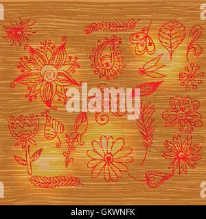 Wood pattern light texture with brown color and flowers set. Stock Vector