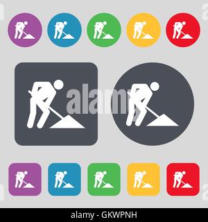 repair of road, construction work icon sign. A set of 12 colored buttons. Flat design. Vector Stock Vector