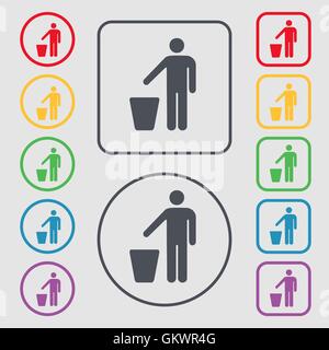 throw away the trash icon sign. symbol on the Round and square buttons with frame. Vector Stock Vector