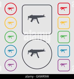 machine gun icon sign. symbol on the Round and square buttons with frame. Vector Stock Vector