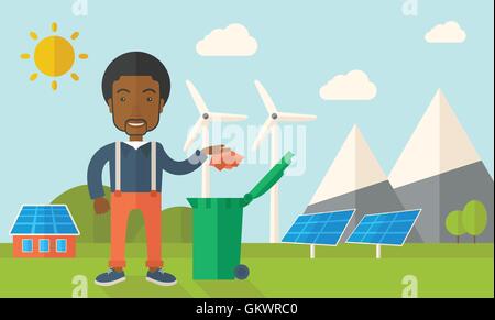 Black man throwing paper in a garbage bin. Stock Vector