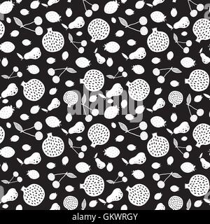 Vector Black White Fruit Silhouettes Seamless Pattern Stock Vector