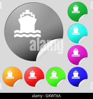 ship icon sign. Set of eight multi colored round buttons, stickers. Vector Stock Vector