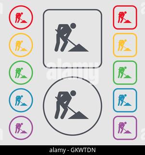 repair of road, construction work icon sign. symbol on the Round and square buttons with frame. Vector Stock Vector