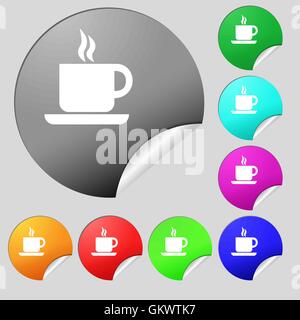 coffee icon sign. Set of eight multi colored round buttons, stickers. Vector Stock Vector