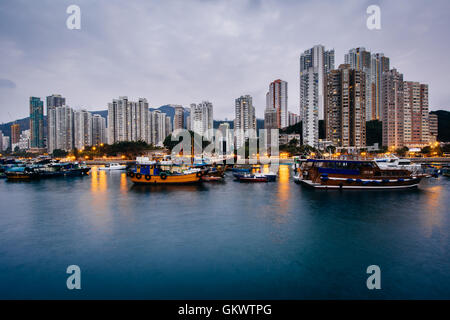The skyline of Aberdeen, seen from Ap Lei Chau, in Hong Kong, Hong Kong. Stock Photo