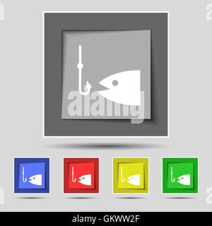 Fishing icon sign on original five colored buttons. Vector Stock Vector