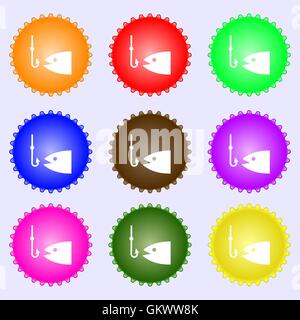 Fishing icon sign. A set of nine different colored labels. Vector Stock Vector