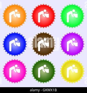 drinking fountain icon sign. A set of nine different colored labels. Vector Stock Vector