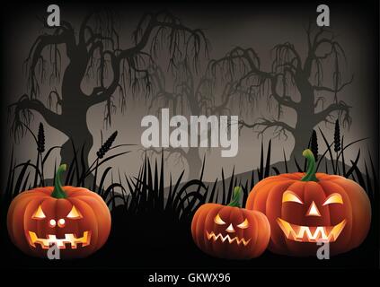 Carved pumpkins at the footer of a Halloween background. Stock Vector