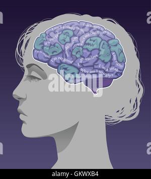Female profile with a brain full of negative ego thoughts. Stock Vector