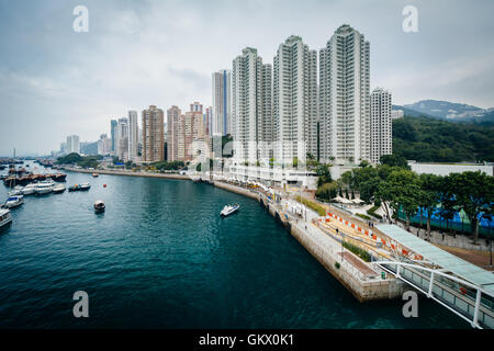 View of skyscrapers in Aberdeen, seen from the Ap Lei Chau Bridge, in Hong Kong. Stock Photo