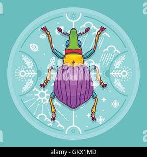 Vector Illustration of Insect Beetle Design Elements with Line Graphic. Circle life Day  Night and Four Seasons Nature Concept Stock Vector