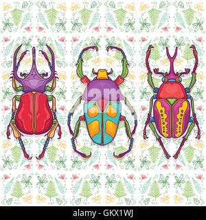 Vector Illustration of Insects Colorful Hand Drawn. Set of 3 Beetle Bugs Top View on Endless leaf Background Stock Vector