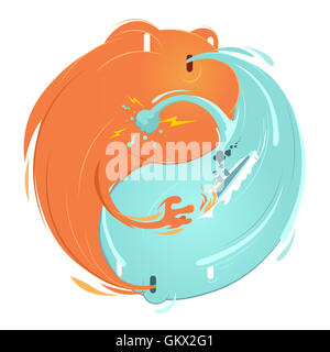 Yin and Yang characters in their never-ending battle to maintain balance. One is fire and the other is water. Stock Photo