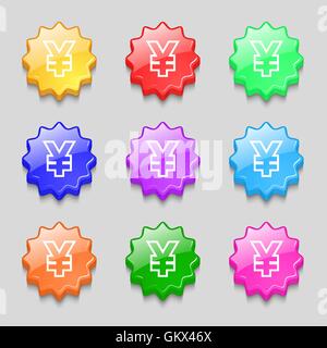 Yen JPY icon sign. symbol on nine wavy colourful buttons. Vector Stock Vector