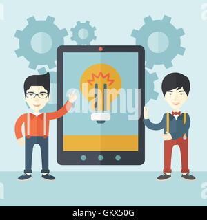 Two businessmen holding big screen tablet. Stock Vector