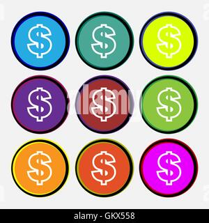 Dollar icon sign. Nine multi colored round buttons. Vector Stock Vector