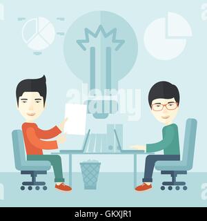 Two japanese businessmen sitting working together. Stock Vector