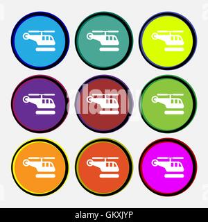 helicopter icon sign. Nine multi colored round buttons. Vector Stock Vector