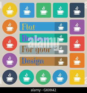 tea, coffee icon sign. Set of twenty colored flat, round, square and rectangular buttons. Vector Stock Vector