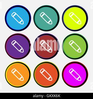 Pen icon sign. Nine multi colored round buttons. Vector Stock Vector