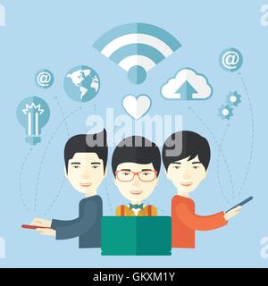 Asian men using modern technology. Stock Vector