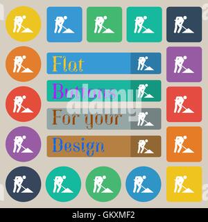 repair of road, construction work icon sign. Set of twenty colored flat, round, square and rectangular buttons. Vector Stock Vector