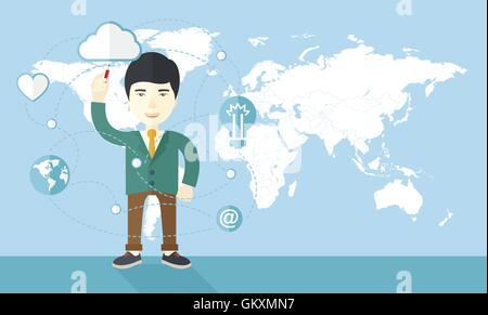 Businessman holding a pen making his presentation on glass board. Stock Vector