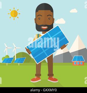 African man holding a solar panel. Stock Vector