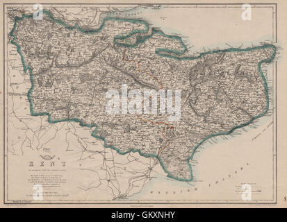 KENT. County map. Downs. Railways in use/under construction. BR DAVIES, 1863 Stock Photo