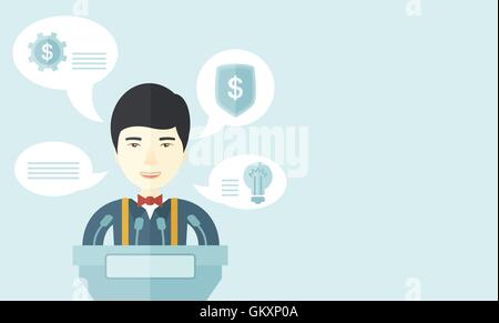 Chinese speaker stand behind a podium. Stock Vector