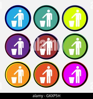 throw away the trash icon sign. Nine multi colored round buttons. Vector Stock Vector