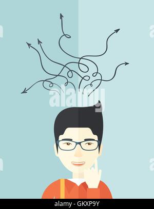 Confused japanese businessman standing with many arrows. Stock Vector
